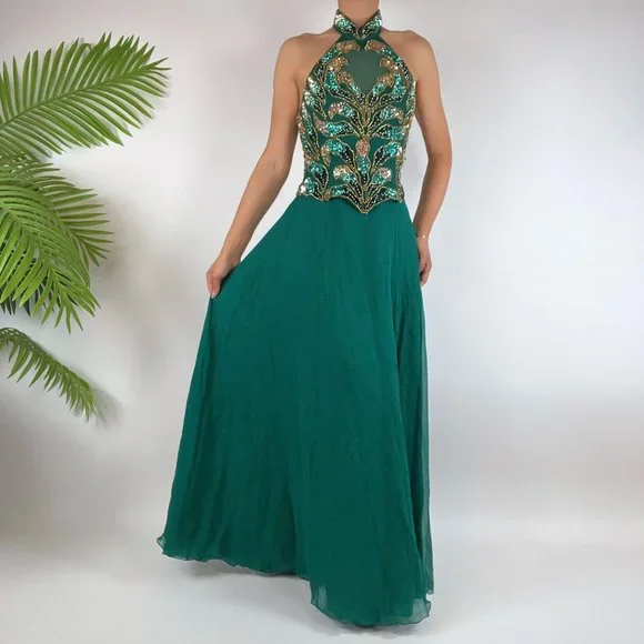 Alyce Designs | Dresses | Vintage Y2k Green Fairycore Silk Sequin Beaded  Sleeveless Prom Dress Size 4 | Poshmark